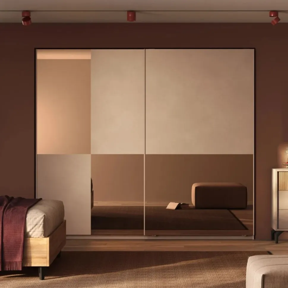Armadio moderno 2 ante scorrevoli finitura Cashmere e inserti a specchio Bronzo