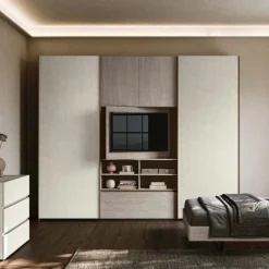 Armadio moderno 2 ante scorrevoli con vano TV girevole e 1 cassetto Rovere Gessato e Bianco Spatolato disponibile in vari colori