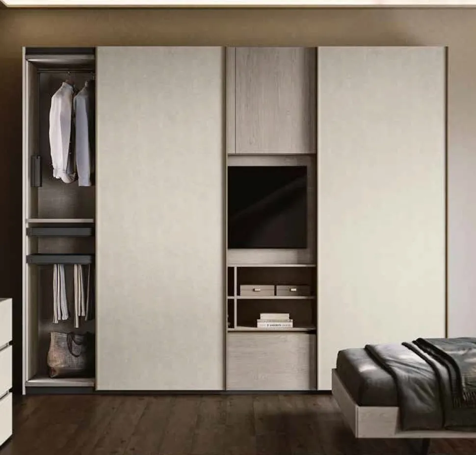 Armadio moderno 2 ante scorrevoli con vano TV girevole e 1 cassetto Rovere Gessato e Bianco Spatolato disponibile in vari colori