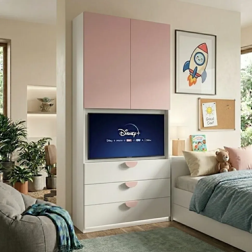 Armadio moderno battente con vano TV girevole e cassetti