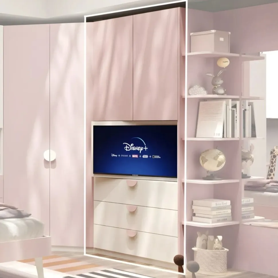 Armadio moderno battente con vano TV girevole e cassetti