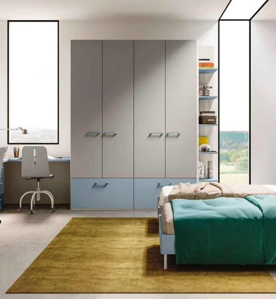 Armadio moderno con ante grigie, cassetti azzurri e libreria laterale integrata disponibile in 2 misure e vari colori