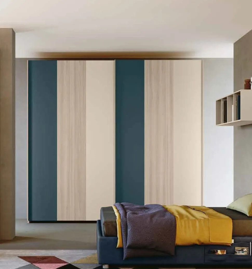 Armadio moderno scorrevole a righe Blu petrolio, Olmo e Orzo disponibile in 4 misure e vari colori