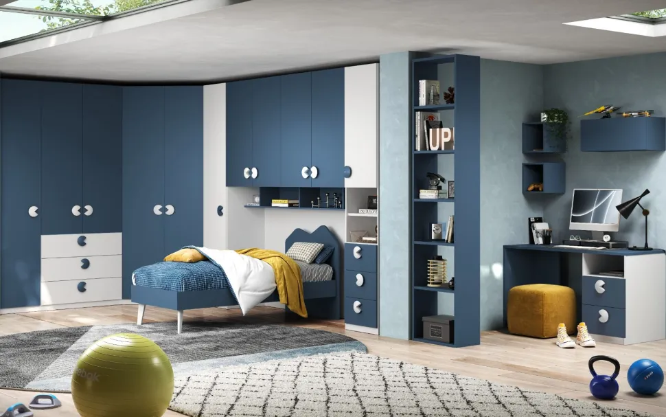 Armadio per cameretta con 2 ante battenti e 3 cassetti Blu Navy e Bianco Opaco disponibile in vari colori