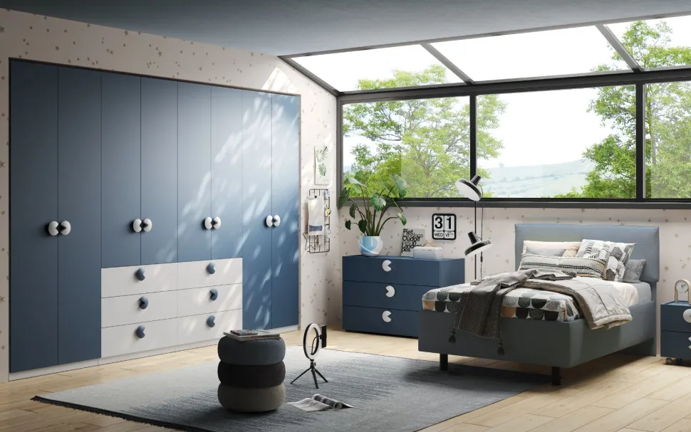 Armadio per cameretta con 2 ante battenti e 3 cassetti Blu Navy e Bianco Opaco disponibile in vari colori