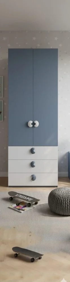 Armadio per cameretta con 2 ante battenti e 3 cassetti Blu Navy e Bianco Opaco disponibile in vari colori
