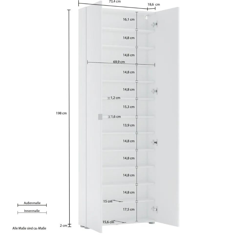 Armadio Scarpiera stretta 2 ante battenti con specchio Fit in finitura Bianco Lucido