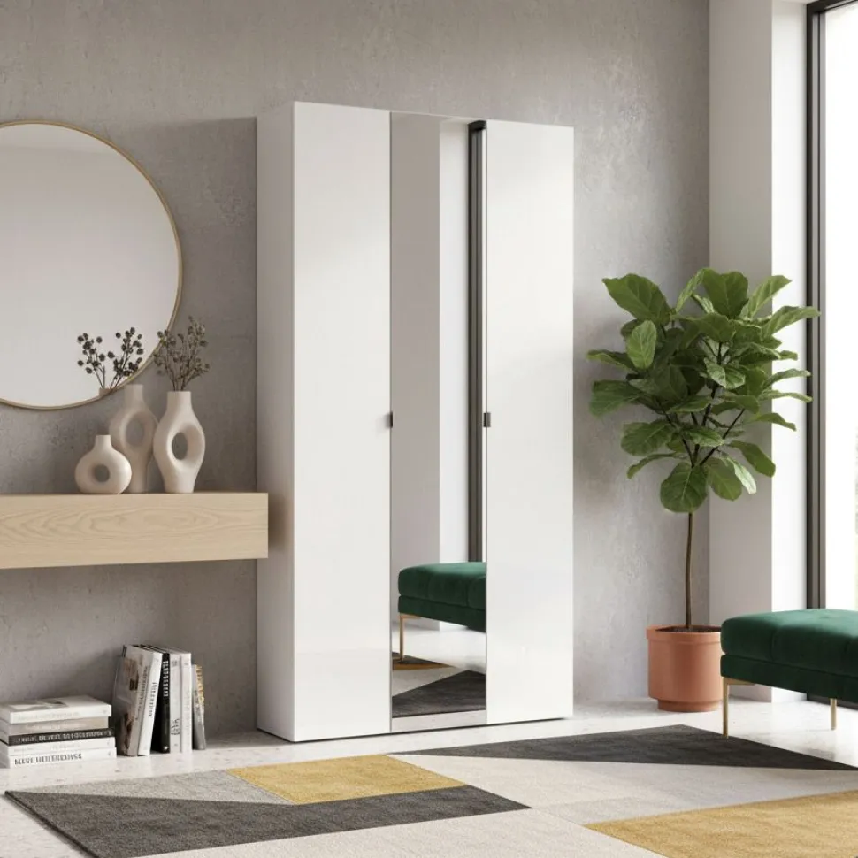 Armadio Scarpiera stretta 3 ante battenti con specchio Fit in finitura Bianco Lucido