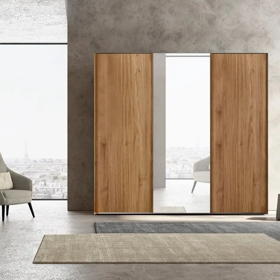 Armadio scorrevole moderno finitura Rovere con 3 ante e specchio centrale Amanda disponibile in 2 misure e vari colori