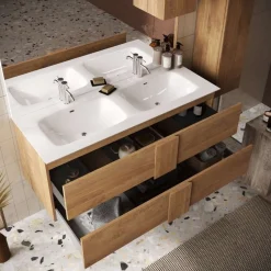 Bagno a due cassetti Oregon sospeso con doppia vasca in finitura Rovere Mercure