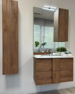 Bagno a due cassetti Oregon sospeso con doppia vasca in finitura Rovere Mercure