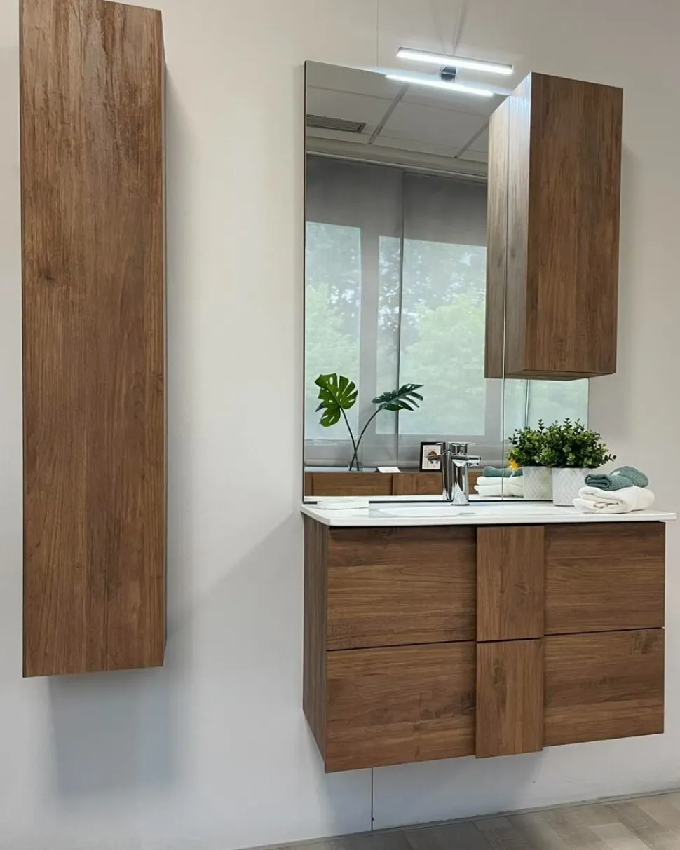 Bagno a due cassetti Oregon sospeso con doppia vasca in finitura Rovere Mercure