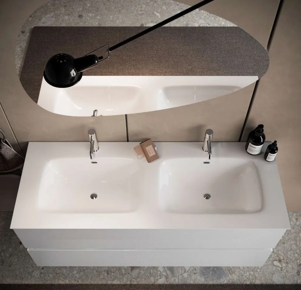 Bagno a due cassetti sospeso Agata con doppia vasca in finitura Bianco Lucido