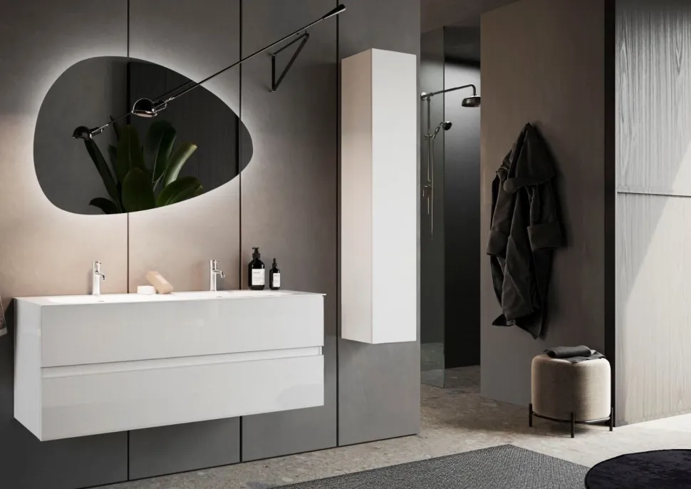 Bagno a due cassetti sospeso Agata con doppia vasca in finitura Bianco Lucido