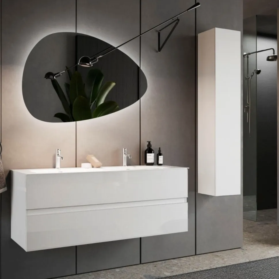Bagno a due cassetti sospeso Agata con doppia vasca in finitura Bianco Lucido