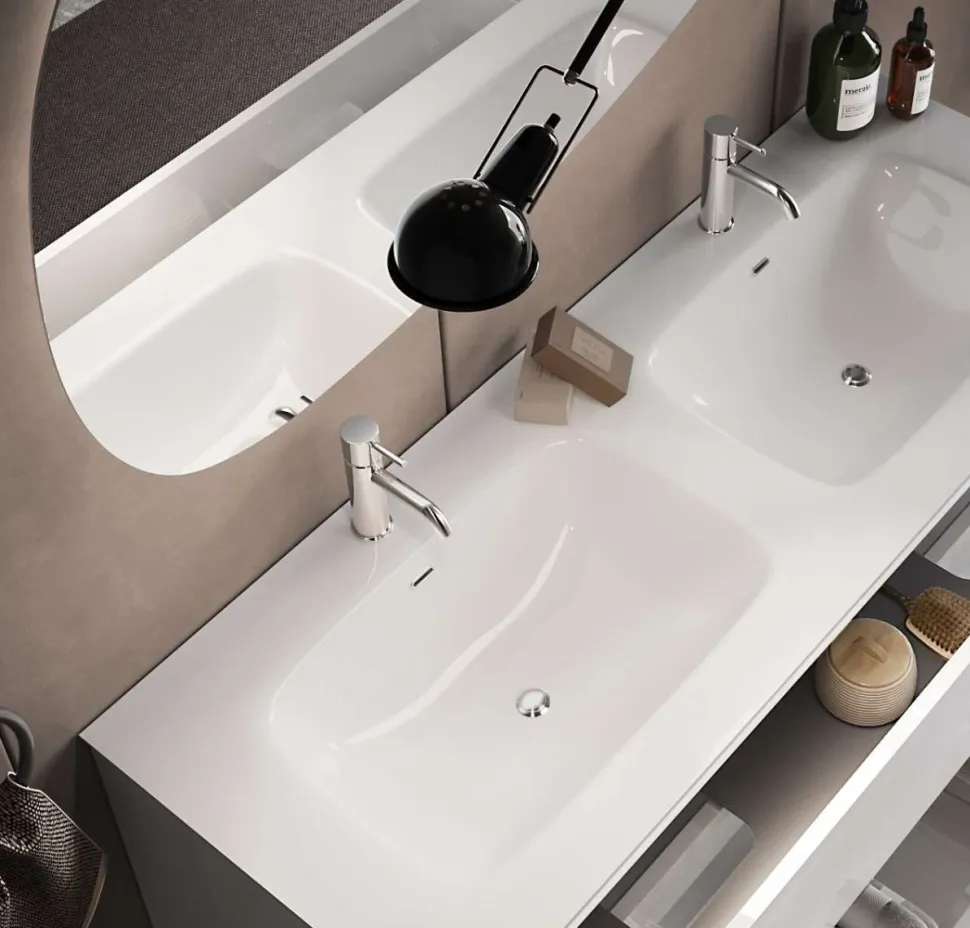 Bagno a tre cassetti Agata con doppia vasca in finitura Bianco Lucido