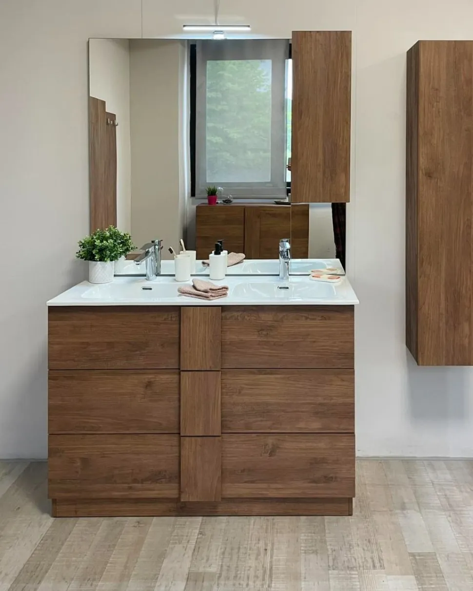Bagno a tre cassetti Oregon con doppia vasca in finitura Rovere Mercure