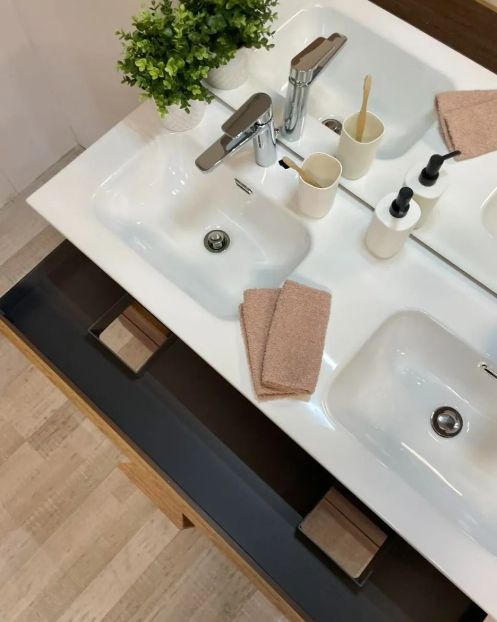 Bagno a tre cassetti Oregon con doppia vasca in finitura Rovere Mercure