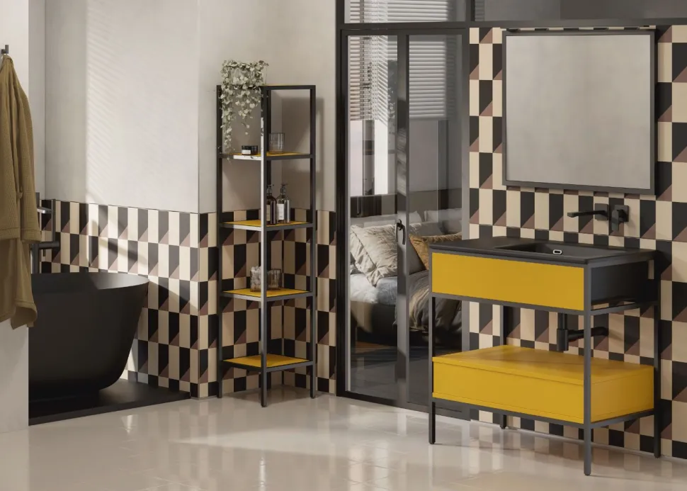 Bagno con struttura in alluminio Skema con lavabo in ceramica decentrato e 1 cassetto disponibile in vari colori