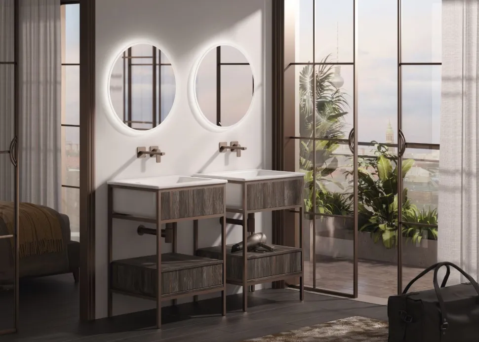 Bagno con struttura in alluminio Skema con cassetto e lavabo in ceramica disponibile in vari colori