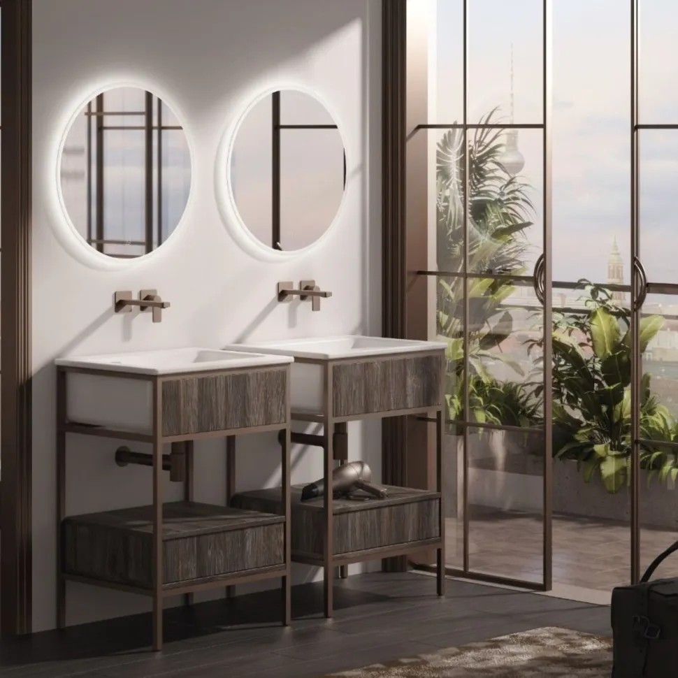 Bagno con struttura in alluminio Skema con cassetto e lavabo in ceramica disponibile in vari colori