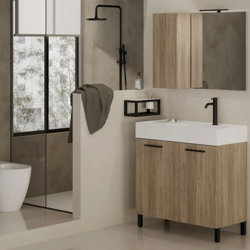 Bagno monoblocco Compact 2 ante e lavabo decentrato in ocritech con doppio fondo disponibile in vari colori