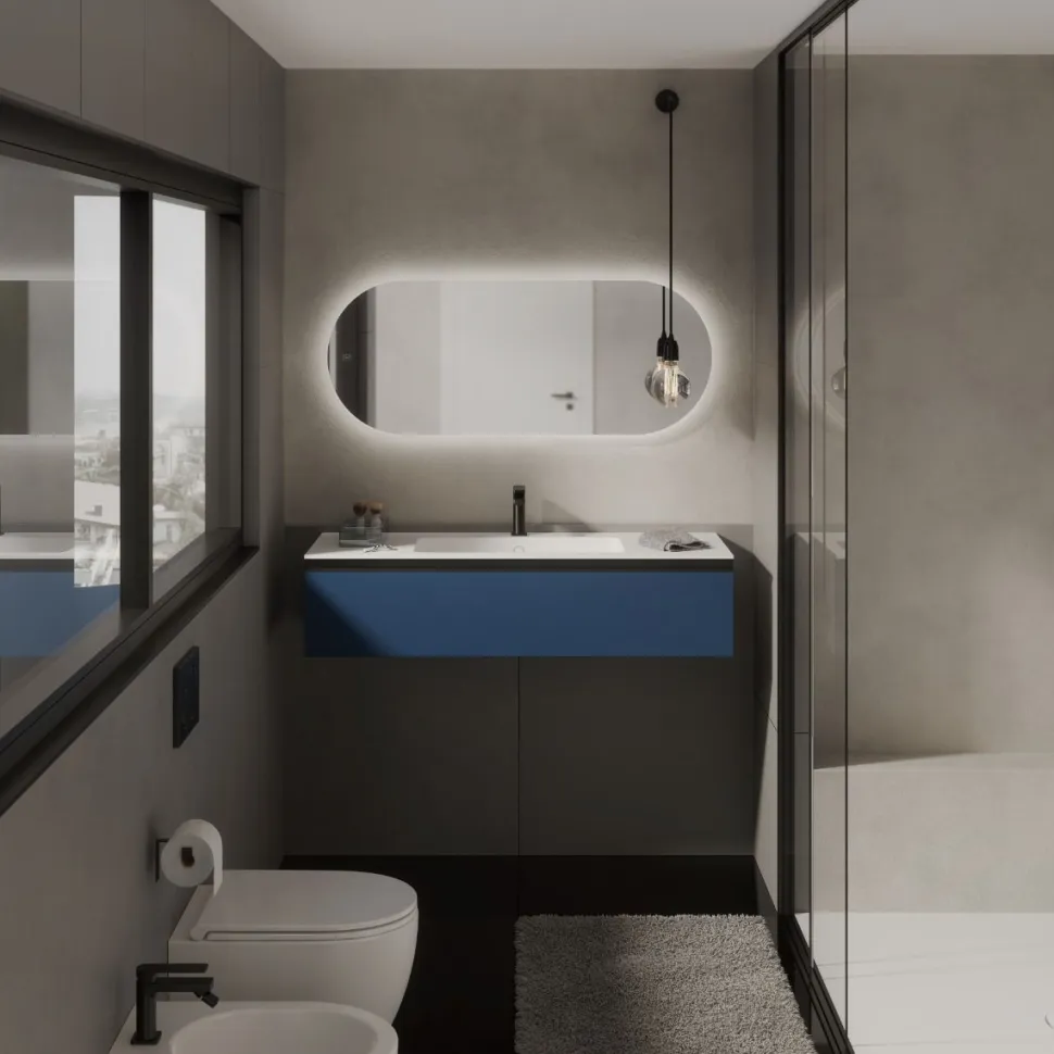 Bagno monoblocco sospeso 1 cassettone con maniglia a gola disponibile in vari colori