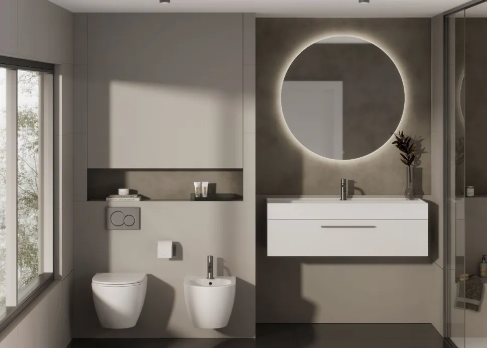 Bagno monoblocco sospeso 1 cassettone e lavabo in ceramica disponibile in vari colori