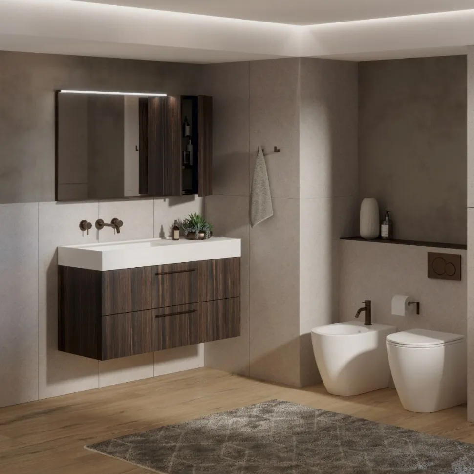 Bagno monoblocco sospeso 2 cassettoni e lavabo decentrato in ocritech disponibile in vari colori
