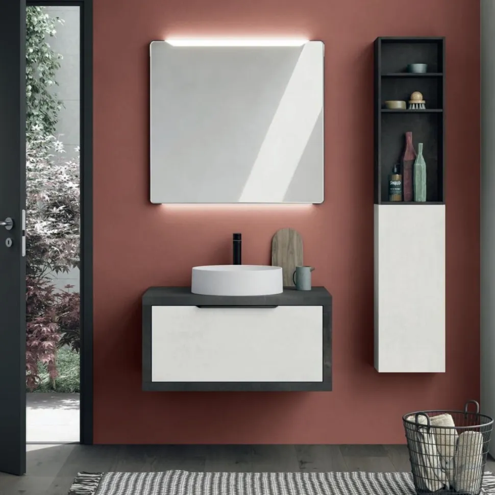 Bagno sospeso 1 cassetto e lavabo in appoggio Domus disponibile in 4 colori