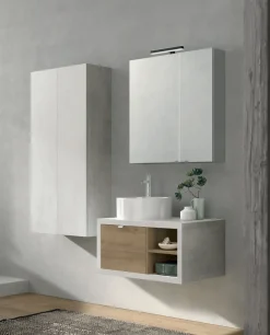 Bagno sospeso con cassetto e vani a giorno lavabo in appoggio Domus disponibile in 4 colori