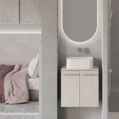Bagno sospeso con lavabo d'appoggio Idra 2 ante disponibile in vari colori