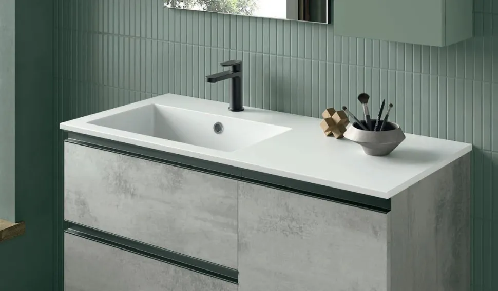 Bagno sospeso un anta e due cassetti con maniglia a gola Manu disponibile in 5 colori