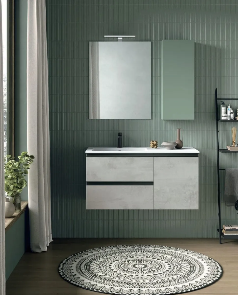 Bagno sospeso un anta e due cassetti con maniglia a gola Manu disponibile in 5 colori