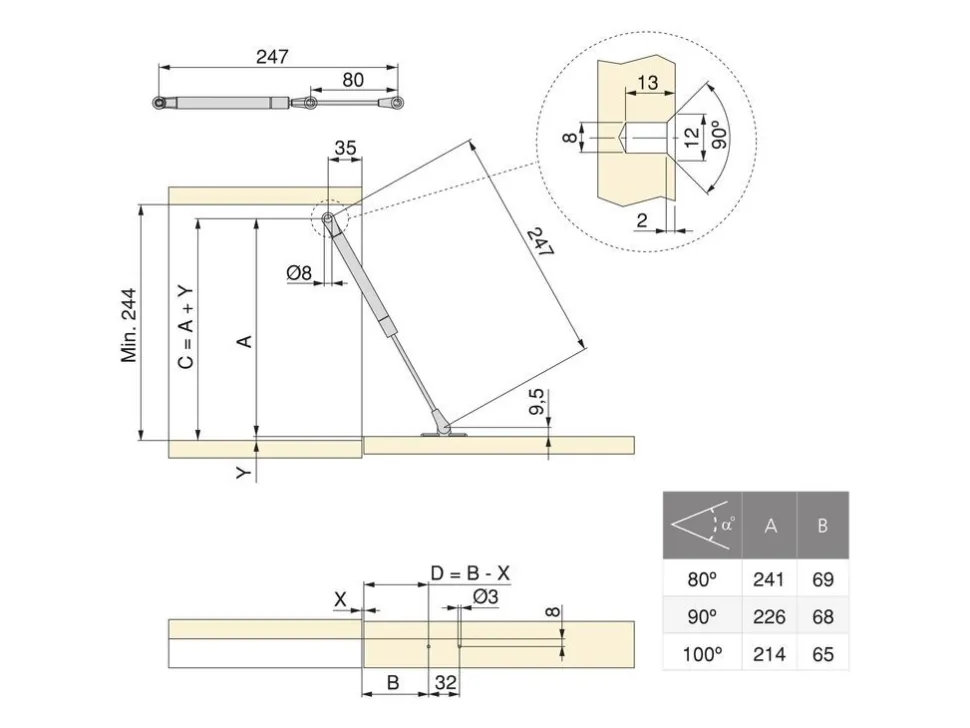 Braccetto per ante ribalta Thin, diametro 12 mm, con agganci, 80 kg, Acciaio e Tecnoplastica, Verniciato nichel opaco