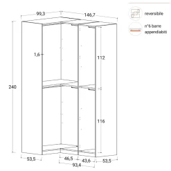 Cabina armadio angolare a vista componibile 147x240 finitura Cashmere disponibile in 4 colori