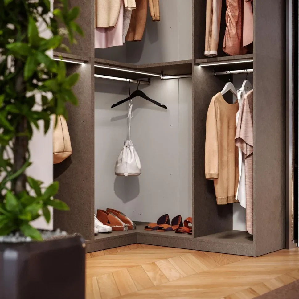 Cabina armadio angolare a vista finitura Cashmere disponibile in 4 colori