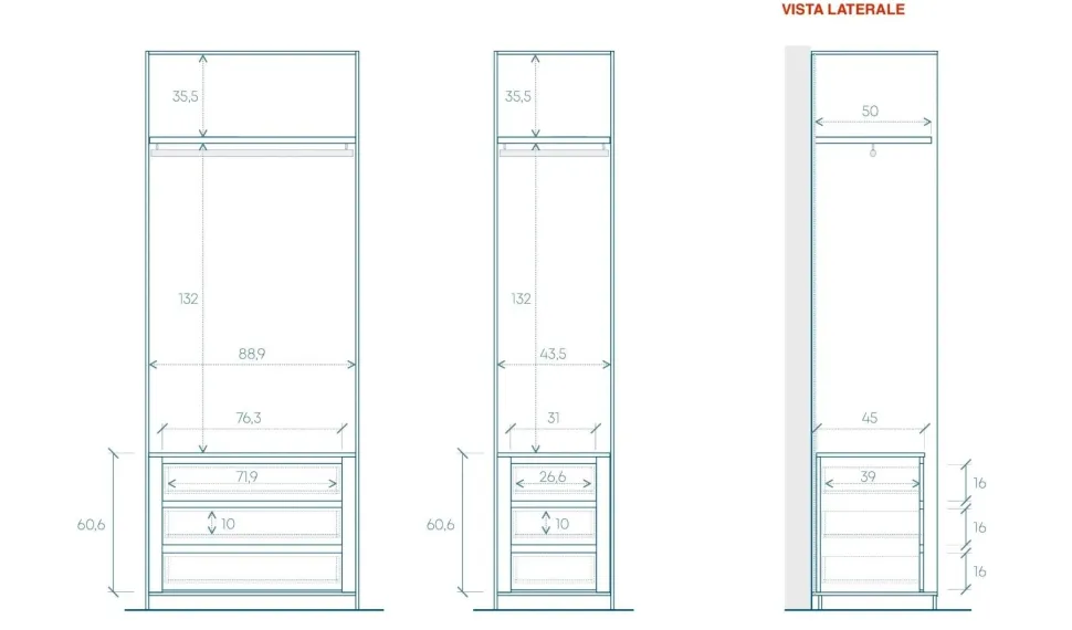 Cabina armadio angolare a vista finitura Cashmere disponibile in 4 colori