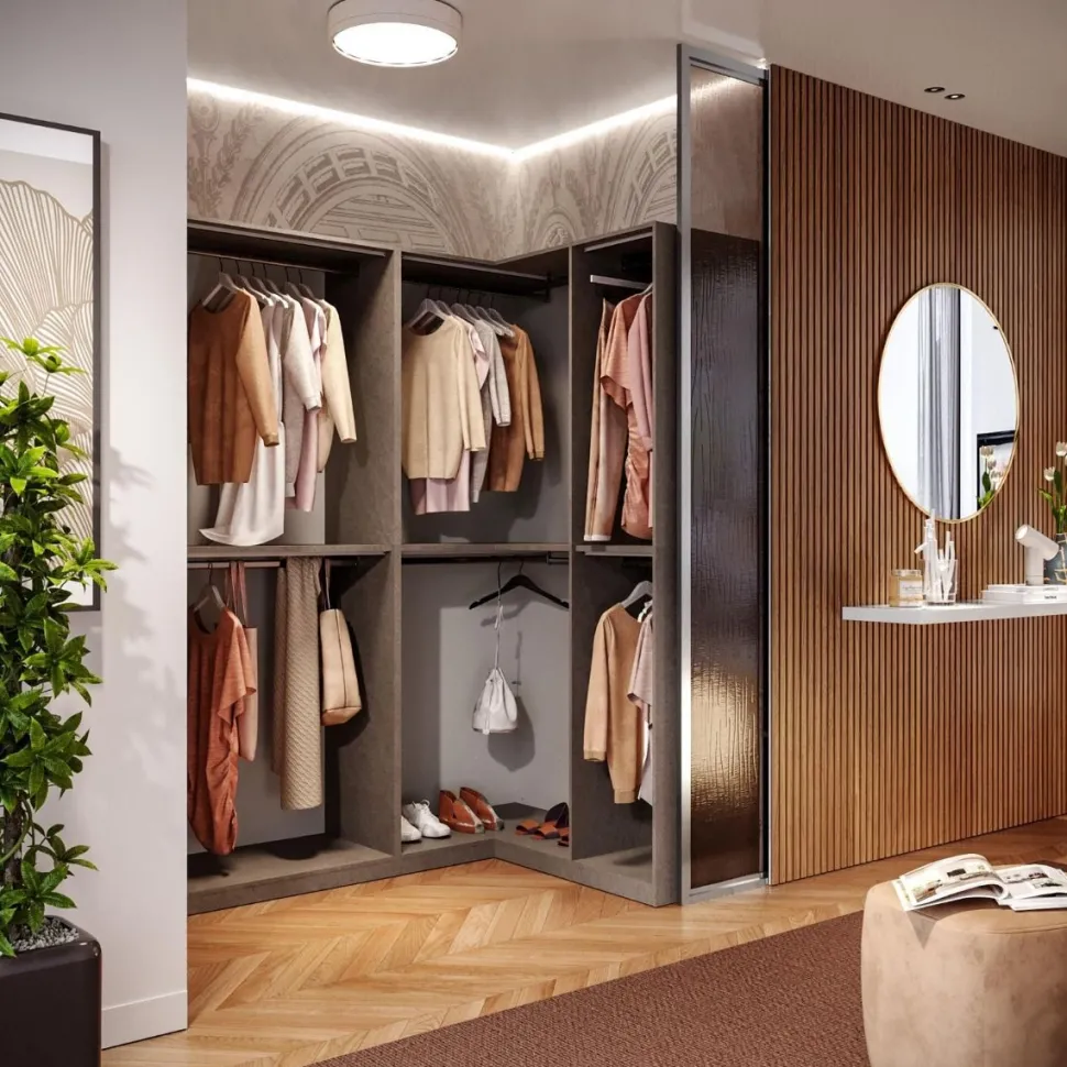 Cabina armadio angolare a vista finitura Cashmere disponibile in 4 colori