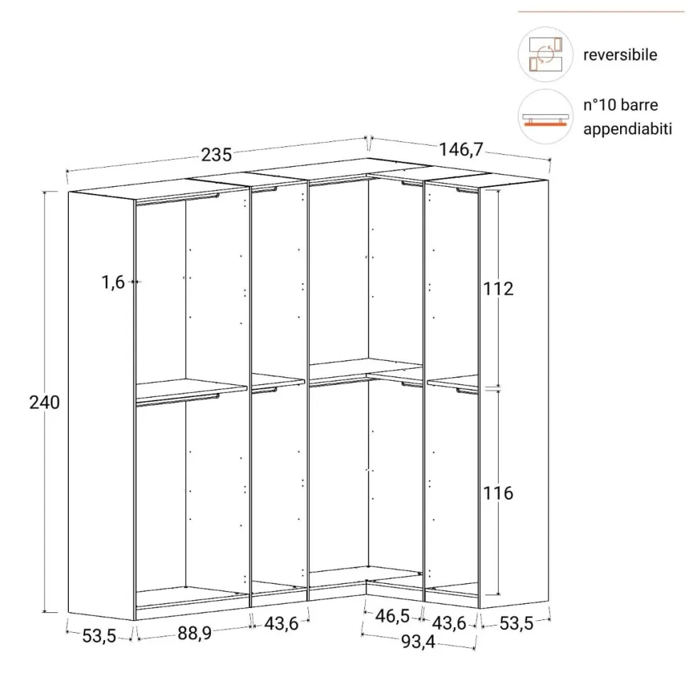 Cabina armadio a vista angolare componibile 235x240 finitura Bianco Lucido disponibile in 4 colori