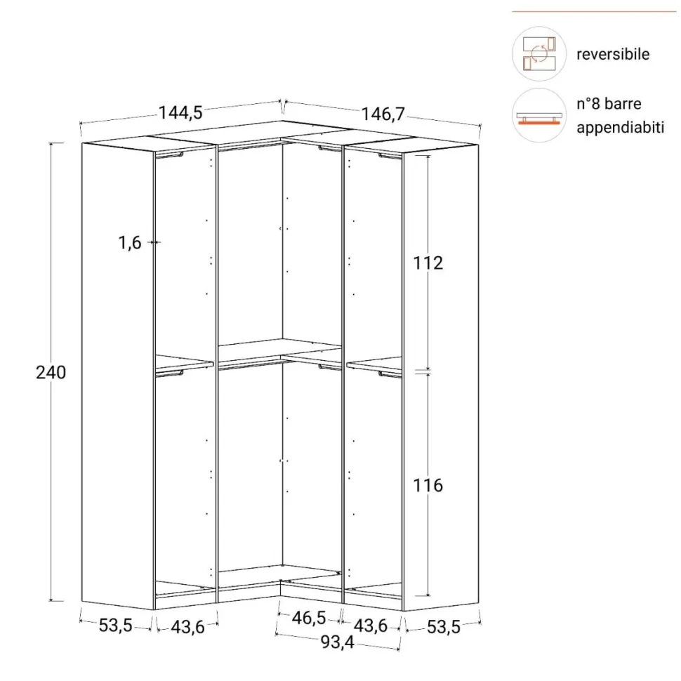 Cabina armadio a vista angolare componibile 145x240 finitura Bronzo disponibile in 4 colori