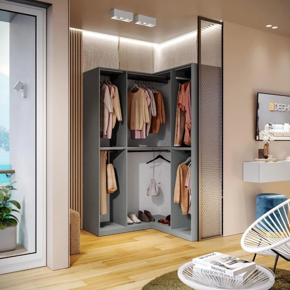 Cabina armadio a vista angolare componibile 145x240 finitura Bronzo disponibile in 4 colori