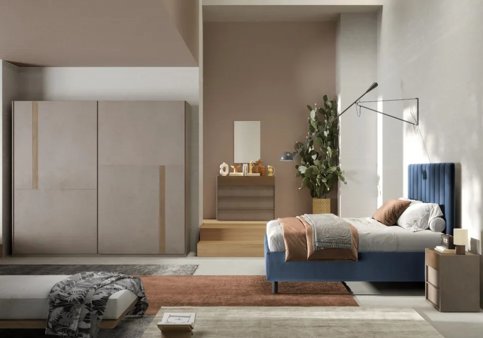 Camera matrimoniale con armadio scorrevole Lisa linea Chèrie in finitura Bronzo e Rovere Mercure