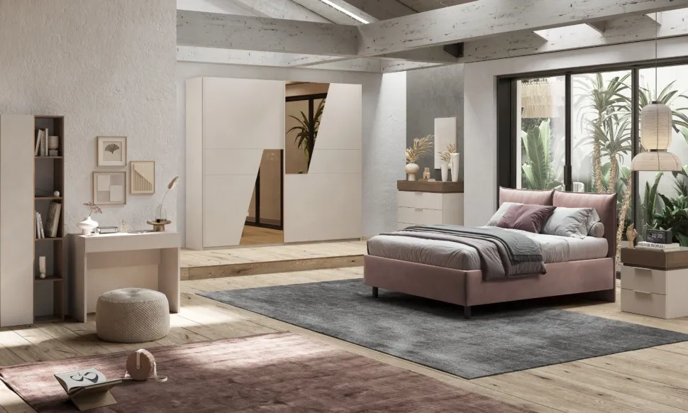 Camera matrimoniale con armadio scorrevole Chiara linea Chèrie in finitura Cashmere e Rovere Mercure