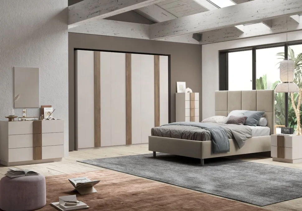 Camera matrimoniale con armadio battente Manuel linea Chèrie in finitura Cashmere e Rovere Mercure