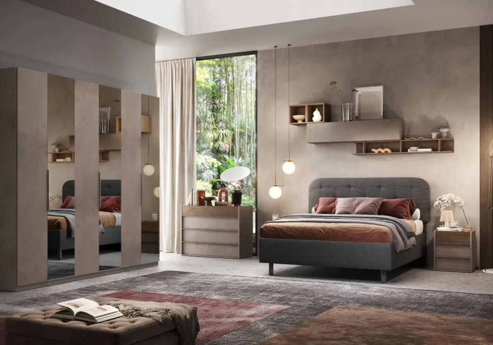 Camera matrimoniale con armadio battente Cloe linea Chèrie in finitura Bronzo e Rovere Mercure