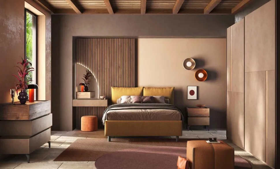 Camera matrimoniale moderna con armadio scorrevole e letto contenitore imbottito finitura Bronzo e Mercure