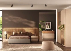 Camera matrimoniale moderna con armadio scorrevole e letto contenitore cannettato finitura Cahmere e Rovere Cadiz