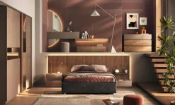 Camera matrimoniale moderna con armadio scorrevole e letto contenitore cannettato finitura Bronzo e Rovere Mercure