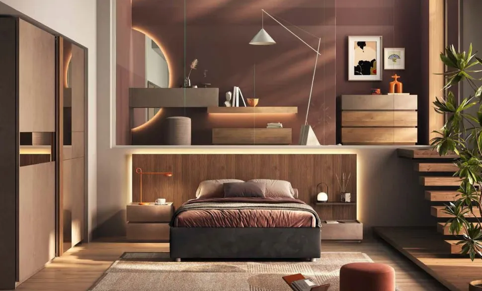 Camera matrimoniale moderna con armadio scorrevole e letto contenitore cannettato finitura Bronzo e Rovere Mercure